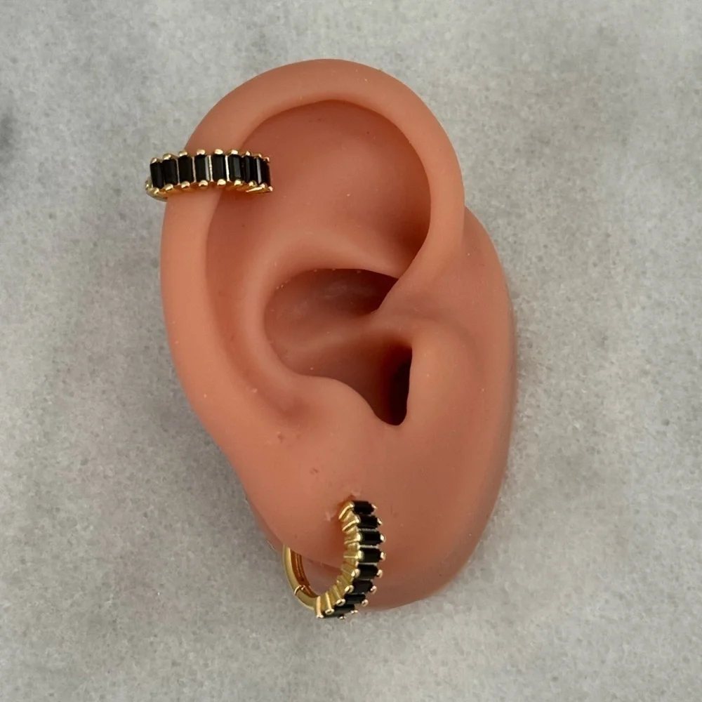 Gold Black Princess Stacked Crystal Chunky Hoop Earrings Brand New